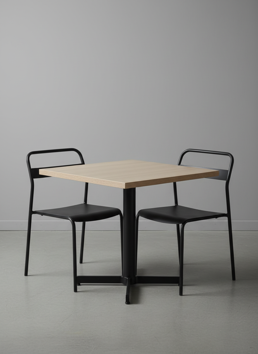 A close-up photographic shot of a single metal restaurant table and two matching chairs presented as a hero product. The table has a square, light wood-effect laminated top with perfectly finished edges, supported by a sturdy black metal base with four sleek legs. The chairs feature slim tubular steel frames with precisely welded joints and ergonomically curved metal backs. Set in a minimal showroom-like space with a neutral gray wall and smooth concrete floor, the background softly fades into blur. Soft studio lighting from the side creates gentle reflections on the metal and subtle shadows under the furniture. The atmosphere is modern, clean, and professional, ideal for a website homepage banner highlighting product quality and design.