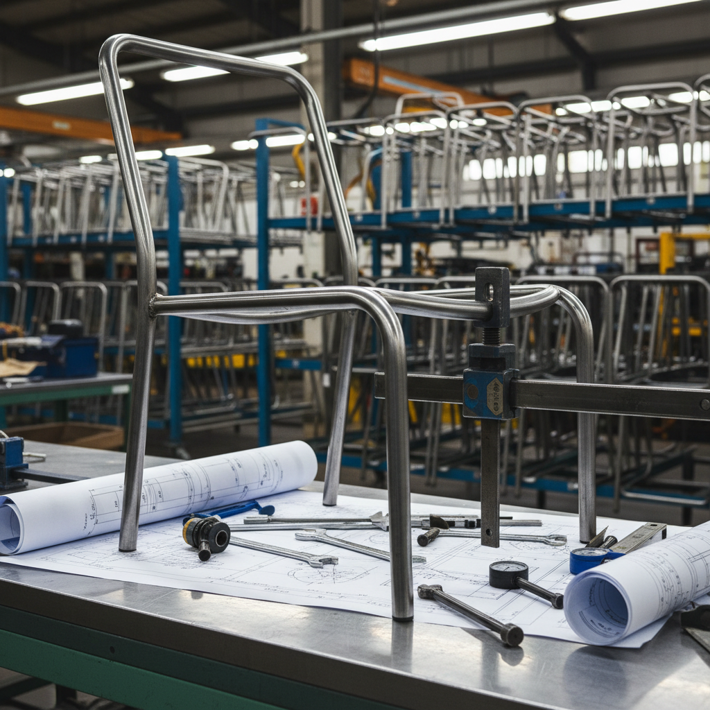 A detailed photographic close-up of metal chair manufacturing in progress, focusing on a partially assembled stackable chair frame clamped on a workbench. The frame is made of thick, smoothly bent steel tubing with flawless welds at the joints, revealing the precision of the metalwork. Around it, neatly arranged tools, measuring gauges, and a blueprint-style technical drawing lie on a clean metal table surface. The background shows slightly out-of-focus racks of additional chair frames, emphasizing production volume. Bright, focused workshop lighting shines from above, creating clear highlights along the tubular metal and crisp, technical shadows. The composition uses a shallow depth of field, with the mood precise, industrial, and quality-driven, perfect for illustrating craftsmanship and factory capability.