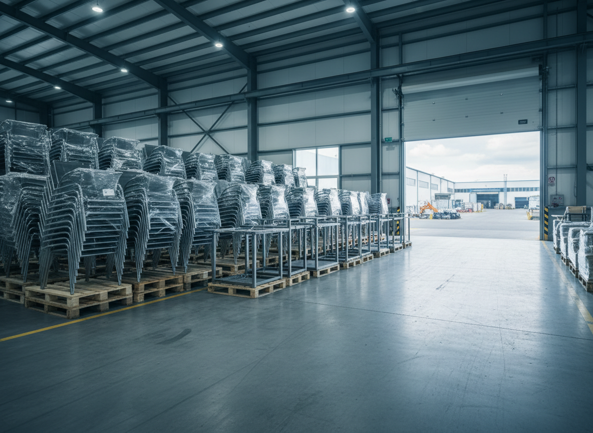 A spacious photographic scene of a loading and logistics area at a metal furniture factory, featuring multiple wooden pallets stacked with assembled metal chairs wrapped in transparent protective film. Nearby, disassembled metal table bases are organized in rows, ready for bulk shipment. The pallets are positioned near a large industrial loading door with an open view to a bright exterior, suggesting ready distribution. Cool daylight streams in from outside, mixing with interior warehouse lighting and casting long, soft shadows on the smooth concrete floor. The composition is shot from a slightly elevated angle, showing depth with lines of pallets receding into the distance. The mood is organized, scalable, and business-focused, conveying the company’s capacity for wholesale orders and export.